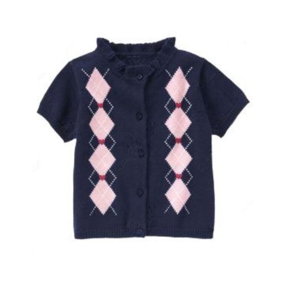 Gymboree New York Girl S 5 6 navy blue pink argyle short sleeve cardigan sweater